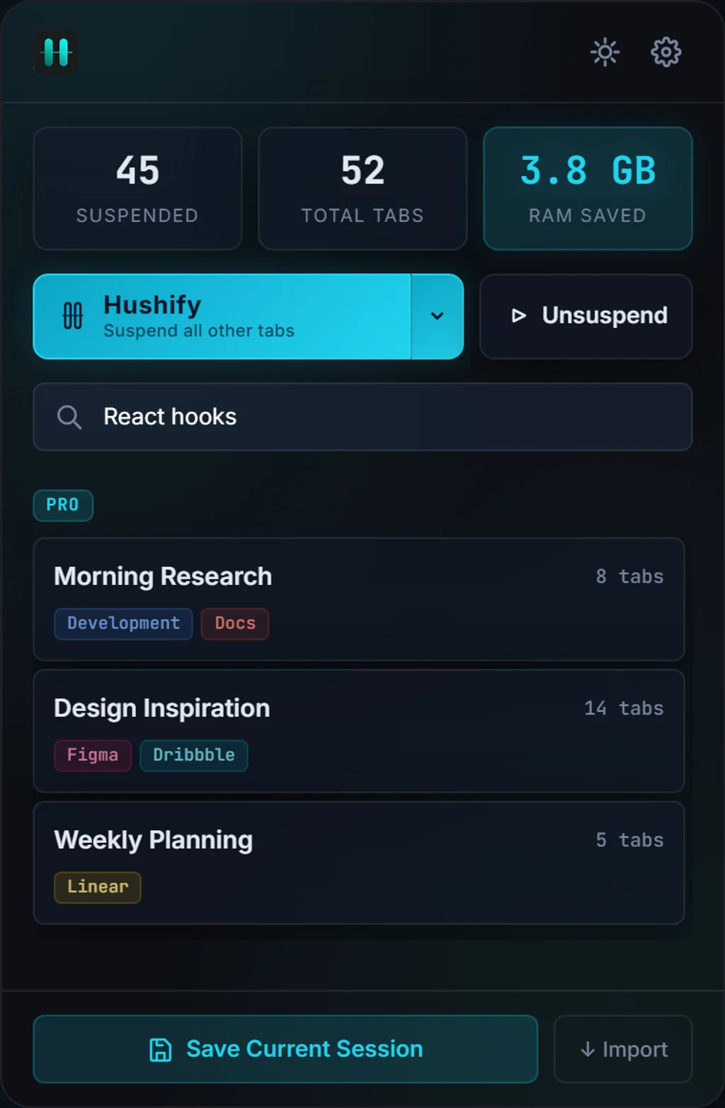 Hushify popup showing 45 suspended tabs, 3.8 GB RAM saved, and saved sessions